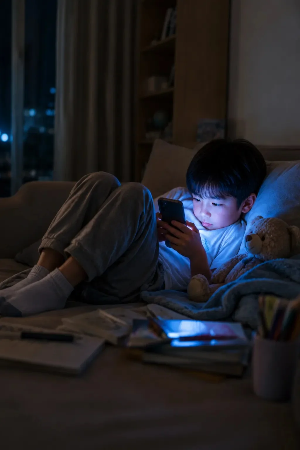 孩子深夜独自使用手机