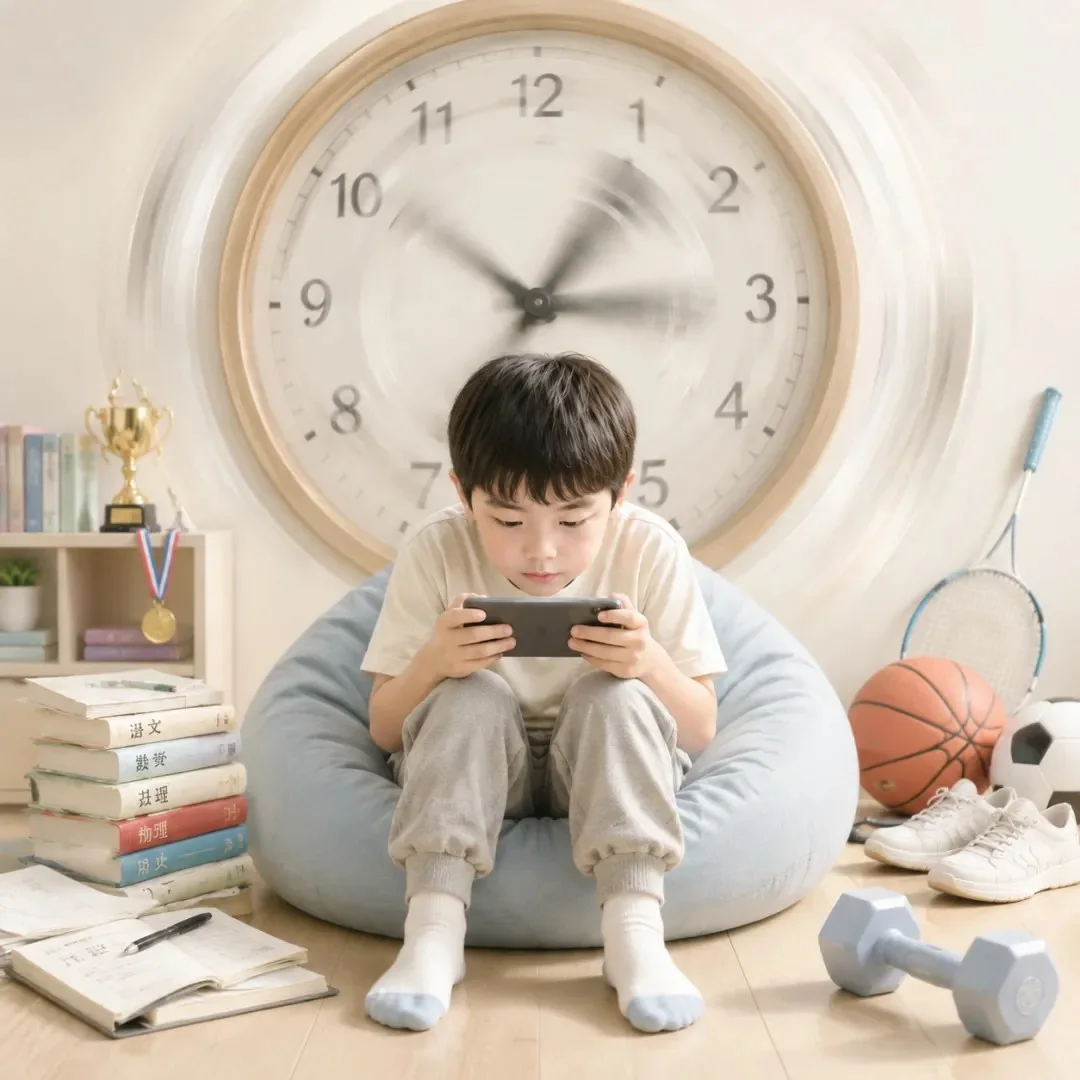 孩子长时间使用手机，时钟提示时间流逝