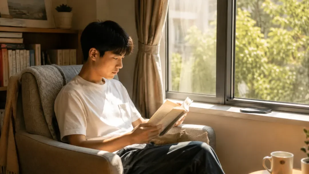 年轻人在窗边阅读书籍,手机放在一旁